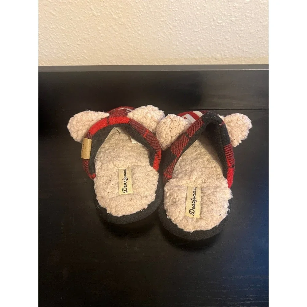Lil Bear Checkered Plaid Red and Black Toddler Slippers Size 7-8